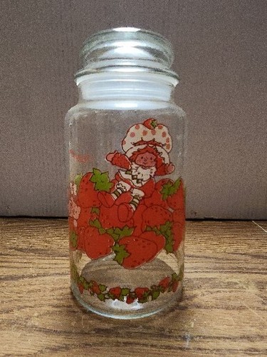 Vintage 1980 Strawberry Shortcake Cat Custard Glass Canister Jar With Lid  7" - Picture 1 of 3
