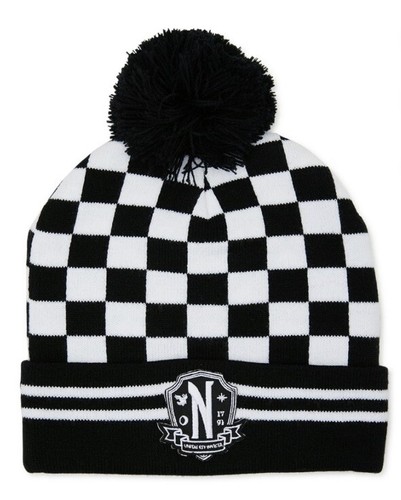 MGM MITTWOCH Addams Family Strick BEANIE Erwachsene Bommel Schachbrett Goth Skater Neu mit Etikett - Bild 1 von 6