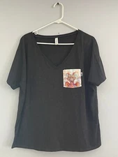 PRE-OWNED WOMENS DISNEY D3 TEES CHARCOAL FIGMENT POCKET V-NECK T-SHIRT LARGE L