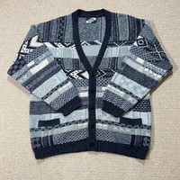 VINTAGE Pattern Cardigan Mens Large Grey Geometric Abstract Felted Knit Sweater