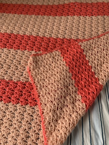 HANDMADE Peach & Coral Orange Striped Crochet Blanket Afghan 69" x 50" - Picture 3 of 5