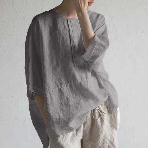 Summer Women Cotton Linen Plain T Shirt Blouse Ladies Casual Loose Top Tunic Tee - Picture 19 of 24
