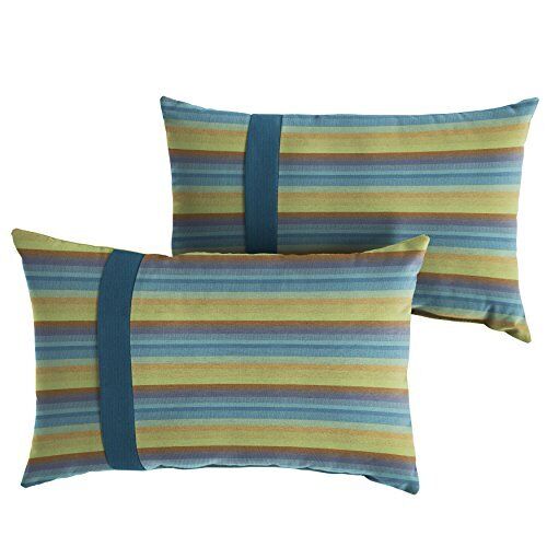 Indoor Outdoor Sunbrella Lumbar Pillows, Set of 2, 12 x 18, Blue/Green - Picture 2 of 6