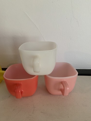 Vintage Glasbake Mugs Square Lipton Milk Glass 1950's - Set Of 5 Colorful - Picture 6 of 9