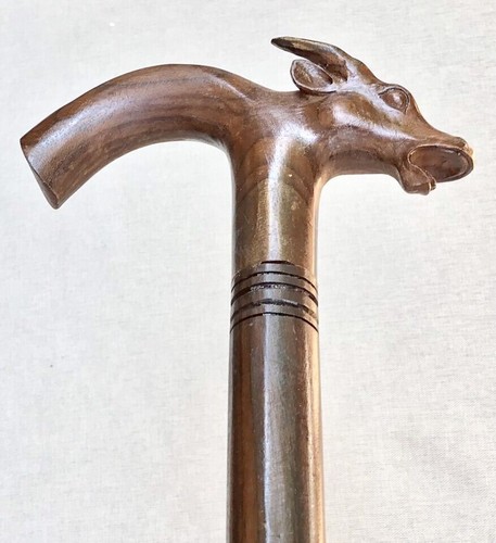 Vintage Antique Folk Art Carved Natural Wood Bull Head Walking Stick Cane Old - Picture 6 of 10