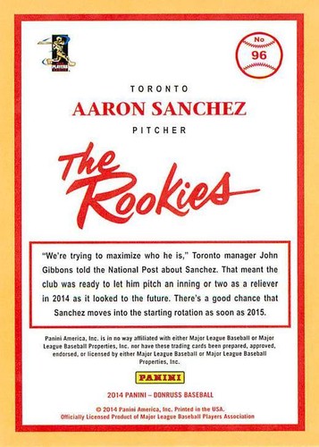 Aaron Sanchez 96 2014 Donruss The Rookies Rookie RC - Picture 2 of 2