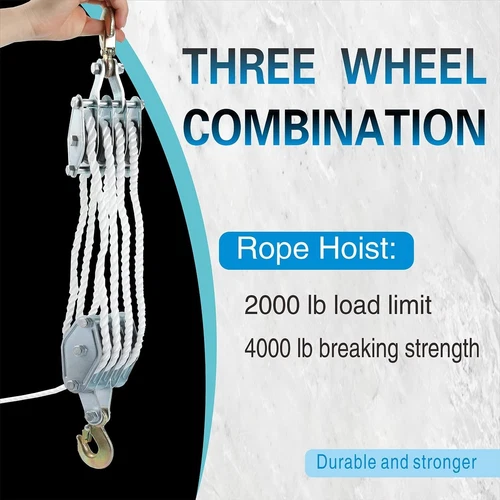 Wheel Block and Tackle System 4000LB Breaking Strength 65 Feet 3/8" Rope Hoist P - Picture 5 of 8