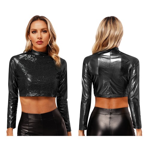 AU Women's Shiny Metallic Crop Tops Long Sleeve Holographic Sequin Tops Pullover - Picture 31 of 106