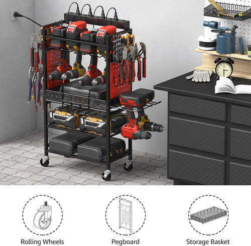CCCEI Power Tool Organizer Cart with Charging Station, Garage Floor Rolling Stor - Picture 4 of 12