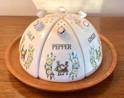 Vintage Japan Hand Painted Porcelain 6 Piece Wedge Shaped Spice Set w Wood Plate