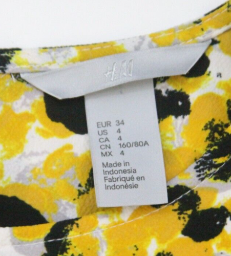 H&M Women's Yellow Black Poly Elastane Floral 3/4 Sleeve Dress Size Four 4 UU30 - Picture 4 of 4