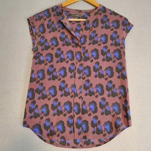 J Crew Womens Silk Top 00P Purple Animal Print Cap Sleeve Blouse Shirt 00 Petit