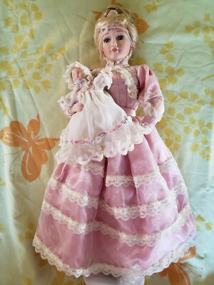 VICTORIAN BISQUE DOLL WITH BABY -  PINK IRREDECENT DRESS - LACE - PEARLS -  18'' 