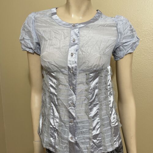 Women’s Grey Cotton Silk Casual Sheer Lace Size S Button Up Shirt Top Blouse