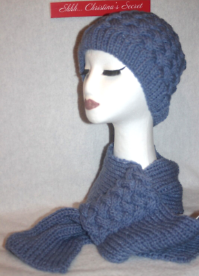 NWT HANDMADE Hand Knit Hat Scarf 2 Pc Set Denim Blue Keyhole  display picture 3