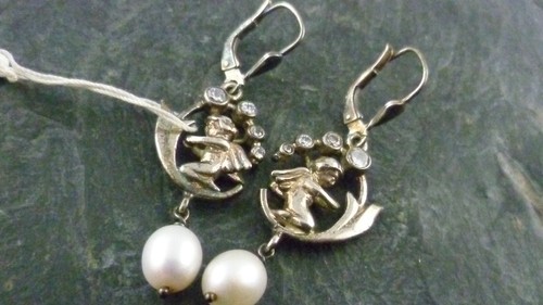 Ohrringe Engel Brillanten Perle 925 Sterling Silber - Picture 2 of 4