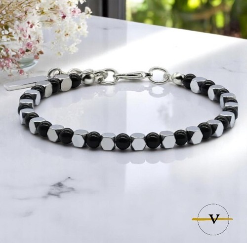 BRACCIALE UOMO PIETRA AGATA NERA DURE NATURALI  ACCIAIO INOSSIDABILE - Foto 1 di 3