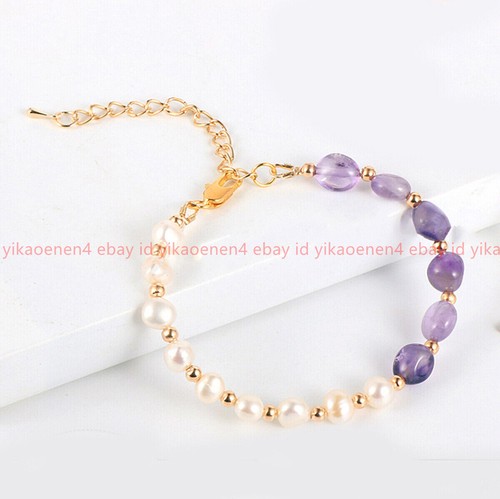 7-8mm Natural White Freshwater Cultured Pearl Irregular Amethyst Gems Bracelets - Picture 4 of 12