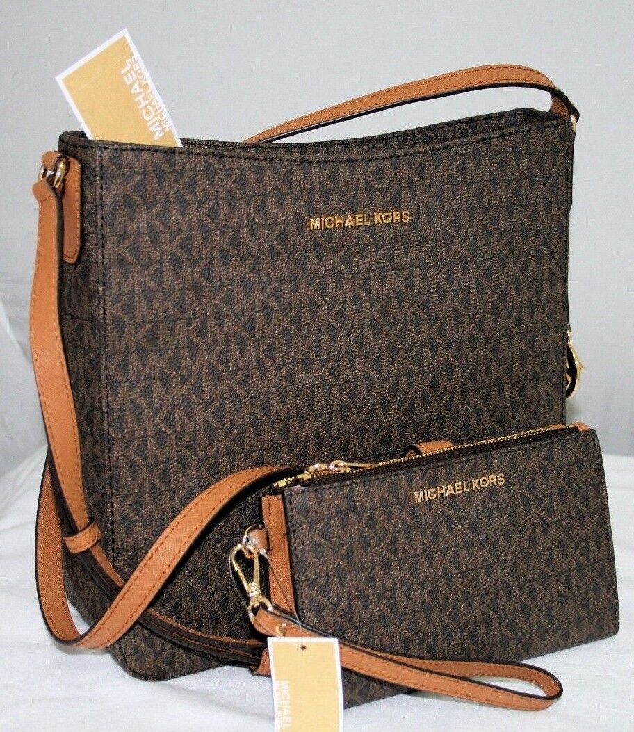 NEW MICHAEL KORS MK SIGNATURE BROWN JET SET TRAVEL MESSENGER BAG WALLET SET