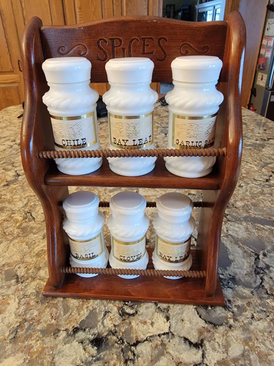 Vintage Wooden 2-Tier Spice Rack With 6 Milk Glass Spice Jars 10 1/2 H x  7 W