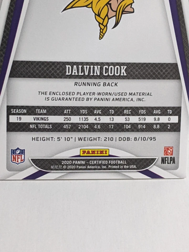 2020 - PANINI CERTIFIED MATERIALS - DALVIN COOK - JERSEY , 136/299 - No. M-DC - Image 4 of 4