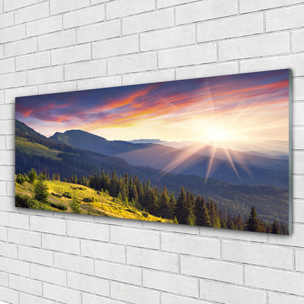 Forêt de Montagne au Soleil tableau en verre 125x50 cm pour salon lumineux