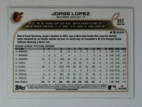 2022 Topps #552 Jorge López Baltimore Orioles - Imagen 2 de 2