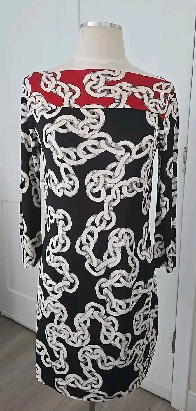 OFF WHITE Abito a tubino DIANE von FURSTENBERG seta RURI stampa catena nero bianco sporco rosso taglia 4