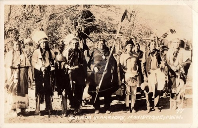 #ad Manistique MI Michigan Native American People Chiefs Warriors RPPC Postcard COPY $4.95