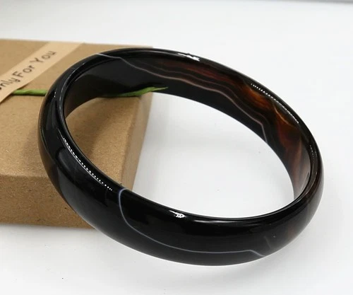 Natural Black agate jade striped bangle bracelet big size 71 mm +box - Picture 1 of 2