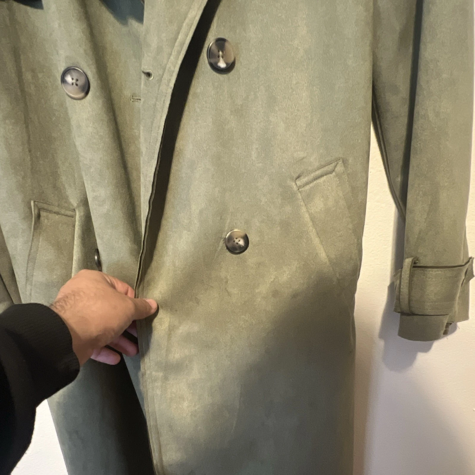 Love For Humanity Black Label Men's Long Belted Lined Green Trench Coat M image 16