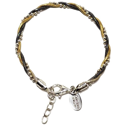 , 925 Sterling Silver Braided Chain Bracelet, Italian-Made with Gold Tone Acc...
