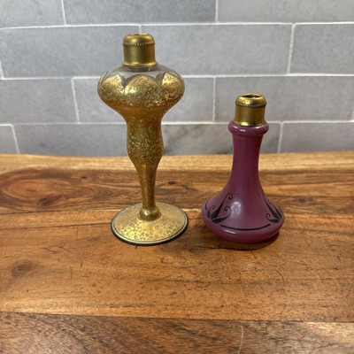 Two Vintage DeVilbiss Perfume Bottles Gold And Purple Early 1900''s
