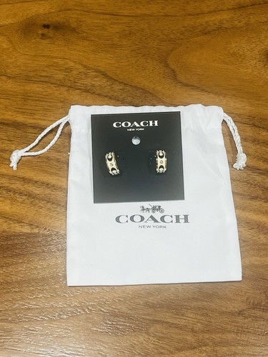Coach Signature Enamel Chalk Gold Hoop Huggie Earrings W White Coach Bag - Picture 2 of 12