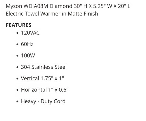 Myson WDIA08M Diamond 8 Bar Wallmount 120V Electric Towel Warmer - Matte - Picture 6 of 6