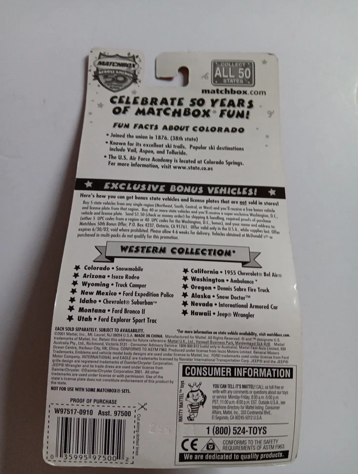 2001 Matchbox 50th Birthday Series Snowmobile #38 Colorado 1:64 Diecast NEW - Image 3 of 3