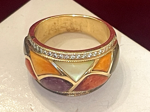 ANILLO BANDA DIAMANTES Y PIEDRAS MÚLTIPLES ORO 14K SIGNO DISEÑADOR KABANA 11 GRAMOS - Imagen 17 de 21
