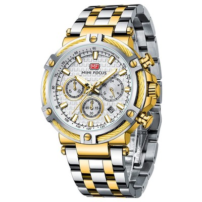MINI FOCUS Unique Design Men's Watch Quartz Luminous Big Face, SLVGLD, Superb