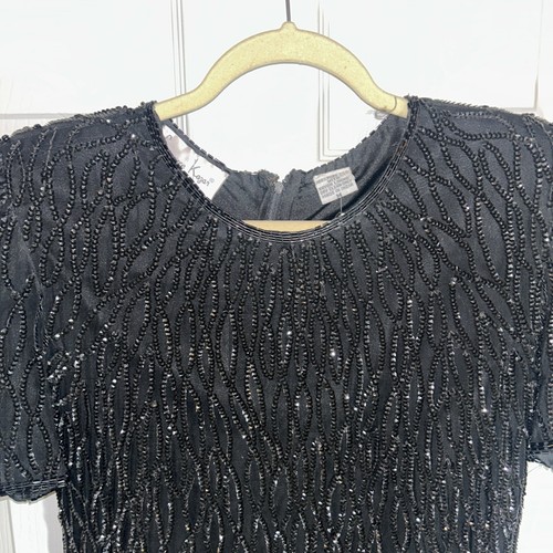 Laurence Kazar Cocktail Dress Size 8 Black 1980s Silk Beaded Mother Of Bride - Picture 4 of 12