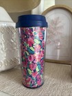 Lilly Pulitzer Tumbler Cup Travel Mug w/ Lid Plastic Floral Pink Green Gold 16 o