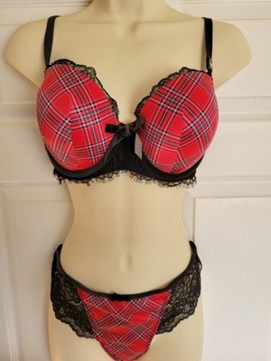 Victoria's Secret Dream Angels Red Tartan Lined Demi Bra 36D & Medium Thong Set