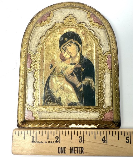 Orthodox Icon Our Lady of Vladimir Florentine Plaque Gold Italy Virgin Mary VTG - Picture 11 of 14