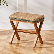 Rectangular hand-woven footstool with X-shaped wooden legs 17 inches