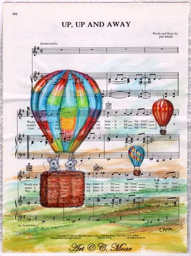 Mouse Mice Hot Air Balloon Original Art Painting on Vintage Sheet Music 8"x11"