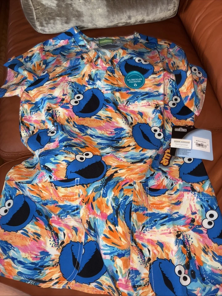 Cherokee Cookie Monster Scrubs Tooniforms V Neck Top Size XS Medical Nurse New - Image 2 of 4