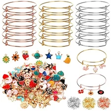 30pcs silver expandable blank bracelets adjustable wire bangles with 1