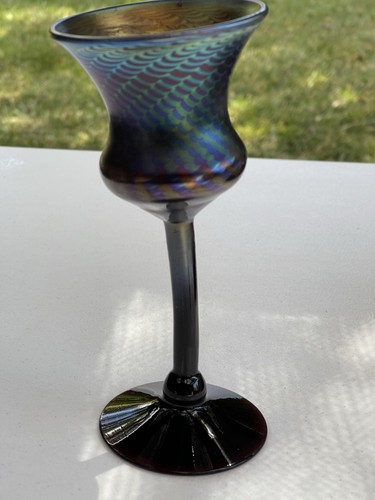 Vintage iridescent favrile pulled feather art glass goblet candle holder - Picture 15 of 18