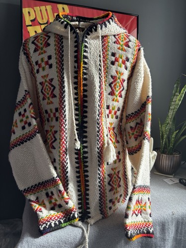Vintage Ecuador Hand Made Knit Jumper Wool Full Zip Aztec Hooded 46” Chest - Picture 10 of 17