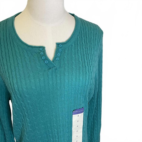 Brandneu Laura Scott Damen L Baltic Blue Henley Zopfmuster Pullover Sweater - Bild 2 von 12