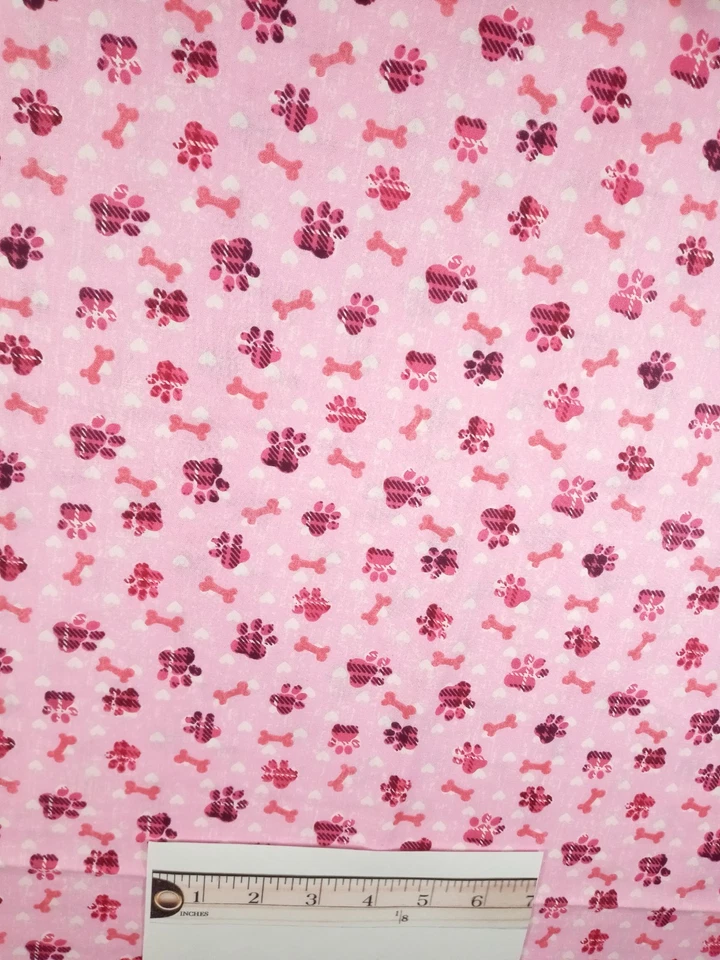 Joann Fabrics Pink with Paw Prints/Bones/Hearts 1 Yard + 32" x 44" NEW - Image 2 of 3